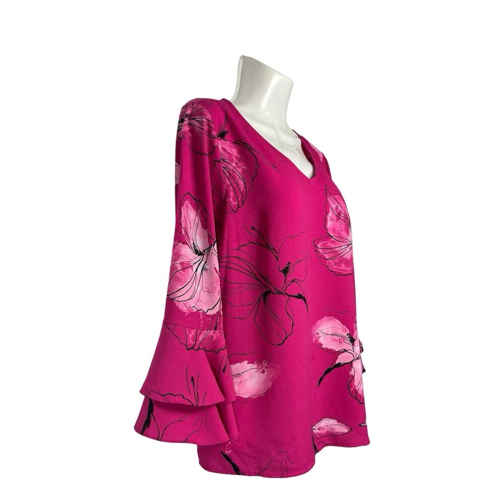 Apt 9 Blouse Top Medium Magenta Pink Floral Ruffle Flounce Sleeve Boho Career - Picture 3 of 8